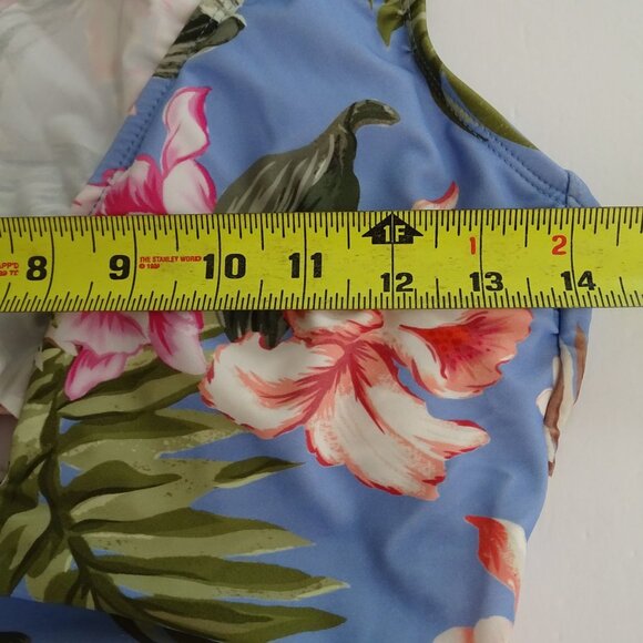 Kona Sol Blue Floral Tropical Print One Piece Swimsuit Women Size M Ruffle - Picture 9 of 12